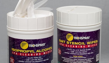 Techspray IPA wipe containers automatically close and seal to prevent dry-out